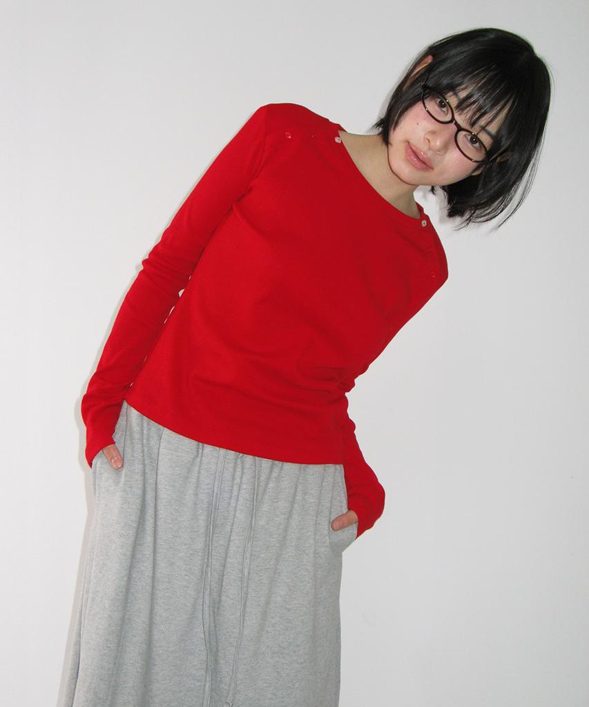 RONRON Button Shoulder Slim Fit Long Sleeve Red