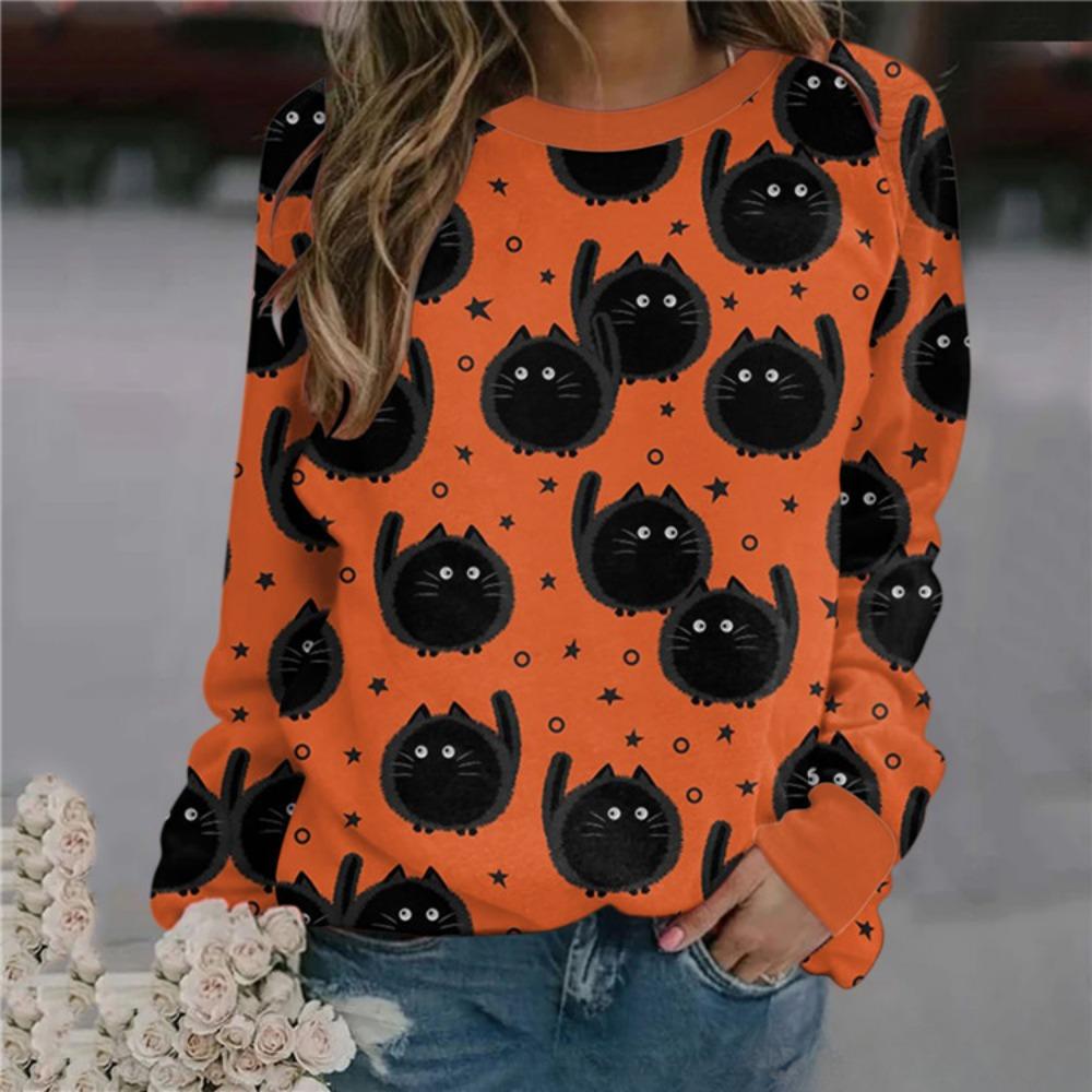 Fashionable 3D digital printed Halloween ghost pattern women's round neck long sleeved T-shirt
