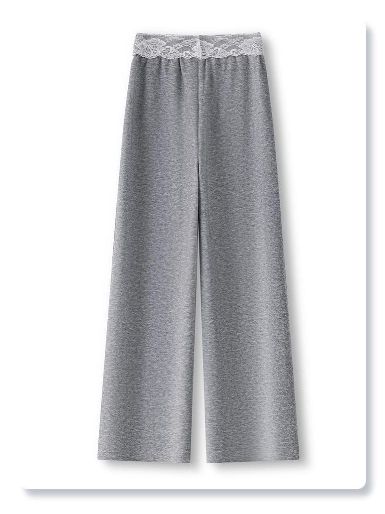Gray Lace-Trimmed High-Waist Straight Leg Sweatpants for Women - Spring 2025 Collection