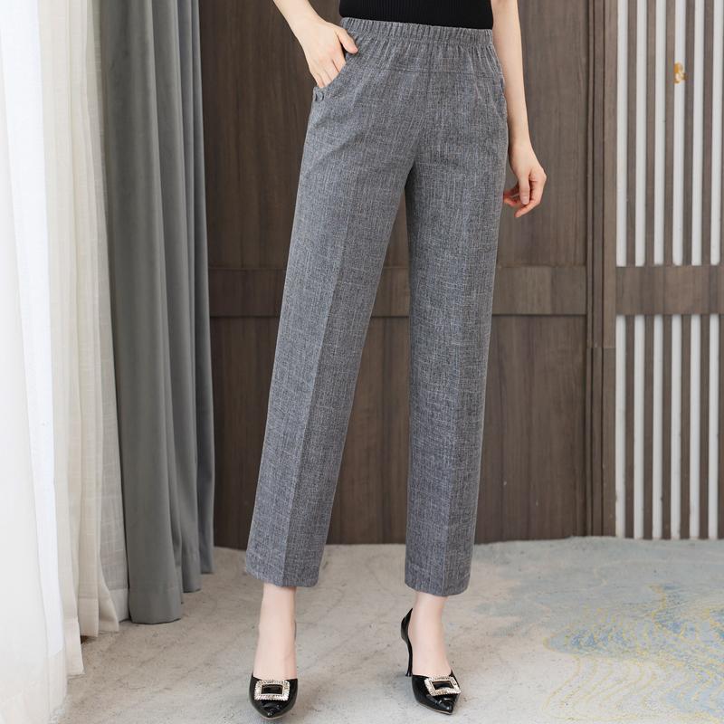 Summer High Waist Straight Pants for Women Plus Size Classic Elastic Waist Cotton Linen Trousers