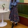 Spring Vintage Lace Trim Floral Midi Skirt for Women - High-Waist A-Line Full Flared Drape Half Skirt