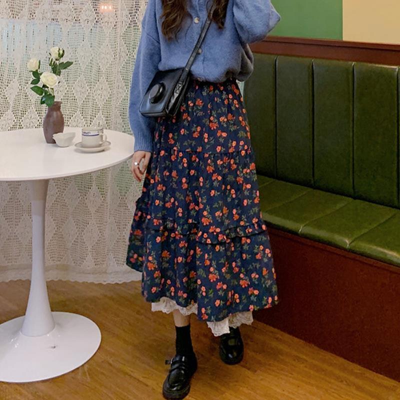 Spring Vintage Lace Trim Floral Midi Skirt for Women - High-Waist A-Line Full Flared Drape Half Skirt