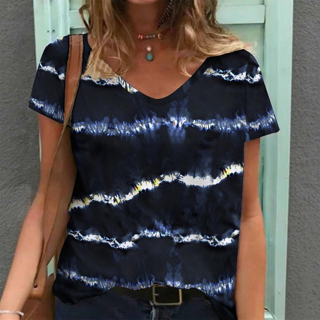 Women Print V Neck Short Sleeve Casual Loose Tunic Tops