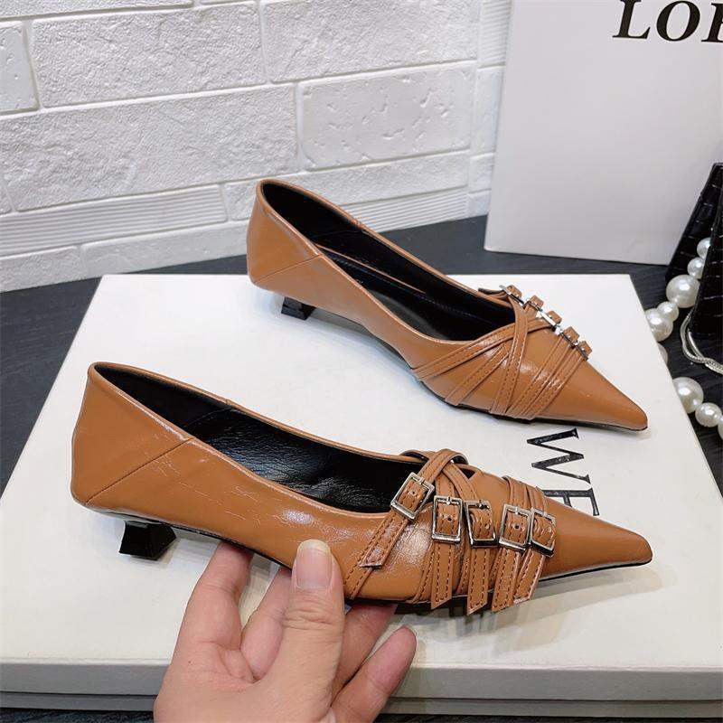 European and American style pointed head shallow mouth buckle thin belt kitten heel single shoes women's autumn 2025 shallow mouth low heel women's sh