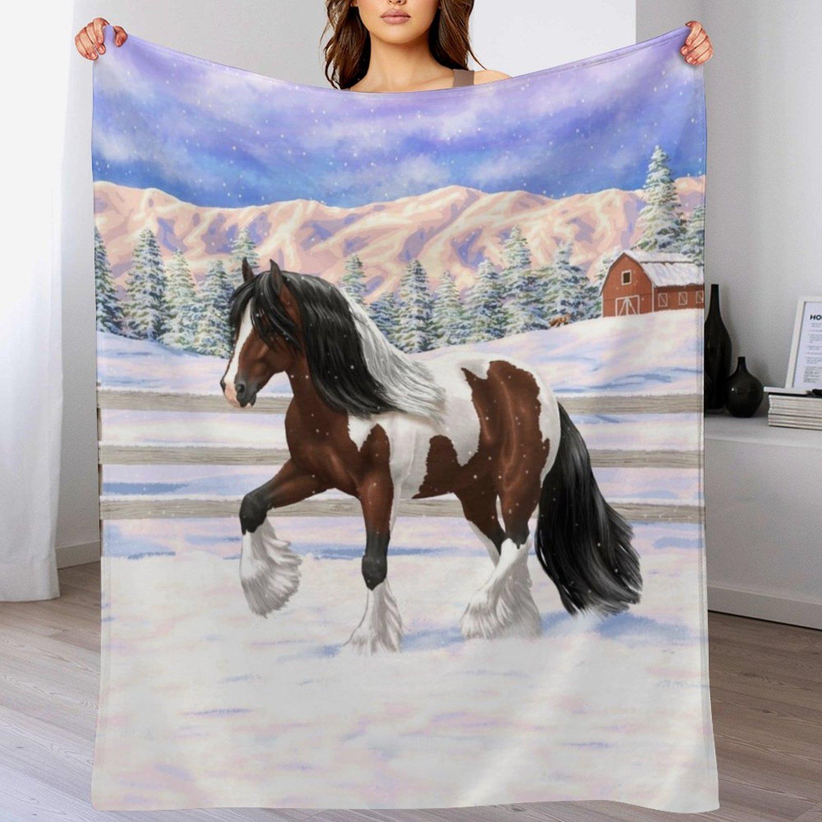 Brown Bay Pinto Skewbald Gypsy Vanner Draft Horse In Snow Throw Blanket Color Fast Cozy Throw Blanket 102x76cm(40x30in)