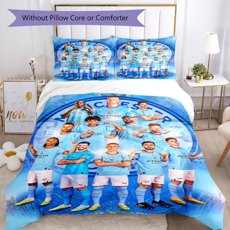 3pcs Manchester City Bedding Set Duvet Cover Closure Includes 1 Duvet Cover & 2 Pillowcases, Soft and Comfortable for All Seasons.