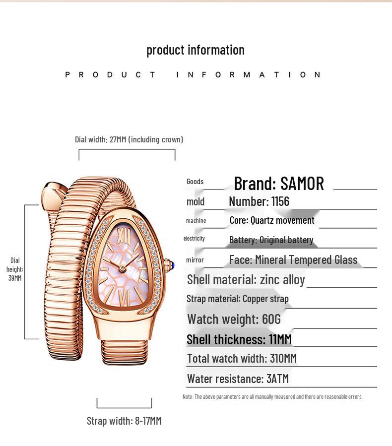 SANDA Women's Luxury Snake Head Bracelet Watch with Roman Mother-of-Pearl Dial, Diamond Accents, English Two-Hand, 30M Water Resistant.