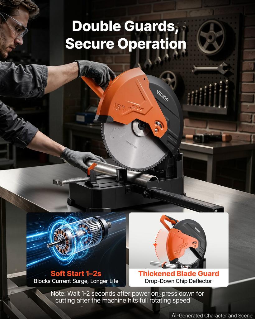 VEVOR Chop Saw 406.4mm Cold Cut Blade 3000 W Powerful Motor Cut Off Saw, For Cutting Metal, -45 degrees to 45 degrees Adjustable Angle