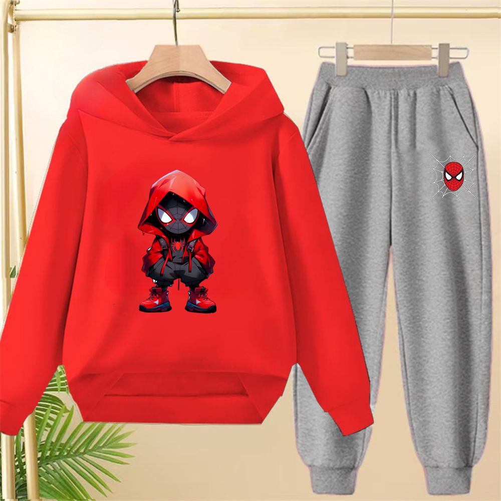 Çocuk Siyah Kapişonlu Örümcek Adam Baskılı Spor Kazak Mont Sweatshirt+Pantolon Erkek Kız Bebek Giysileri Eğlence Seti