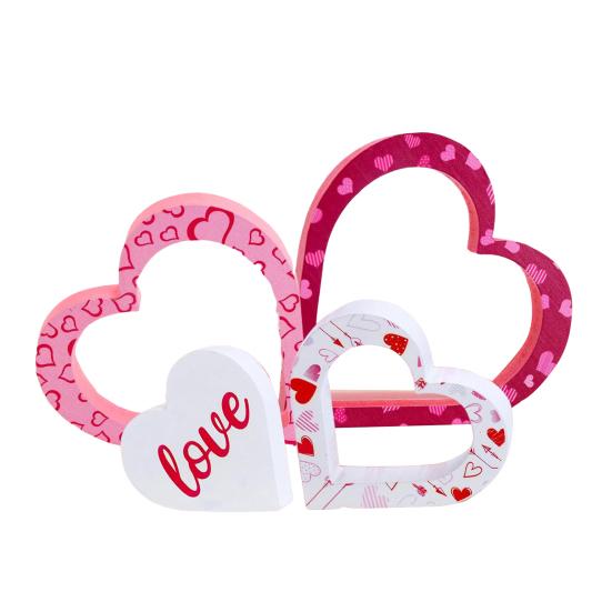 4 Pcs Wooden Heart Shape Table Signs Valentine's Day Red Pink Love Heart Tabletop Centerpiece for Home Wedding Party Tiered Tray Shelf Decor