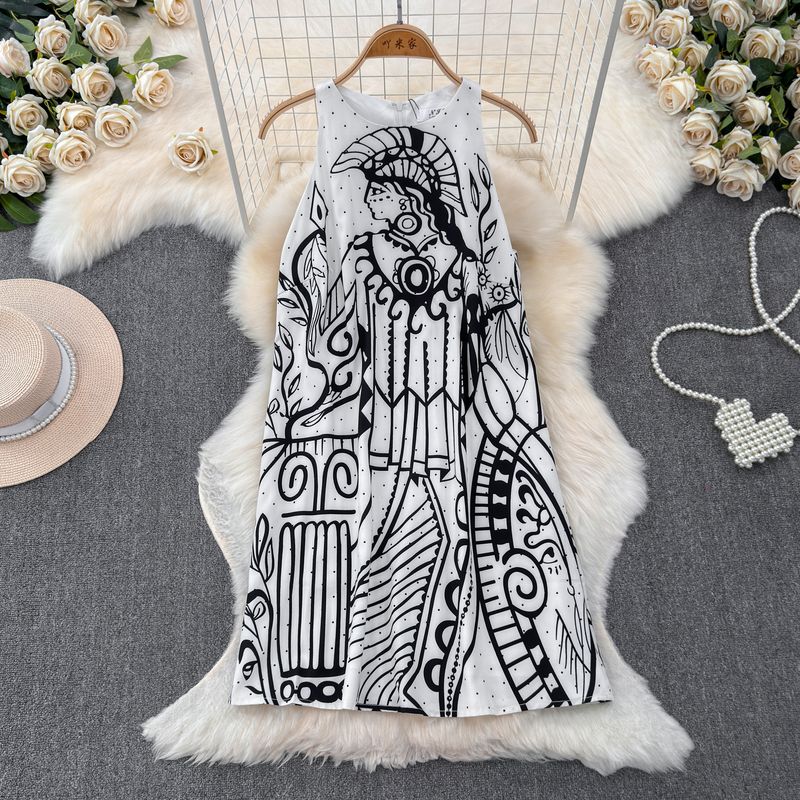 

Fancy Cool Style Niche Style Unique Socialite Style White with Printed Pattern Sleeveless Halter Sling Dress Women s Summer White Print All yards