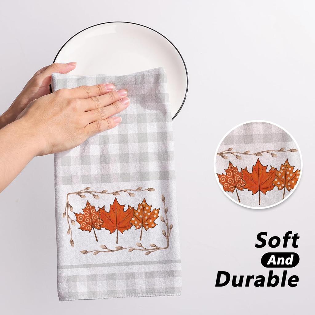 Siilues Fall Kitchen Towels 18x26 Inch Set of 2, Leaves Pumpkin Hand Towels Fall Decorations for Home Seasonal Autumn Thanksgiving Home Kitchen Decor