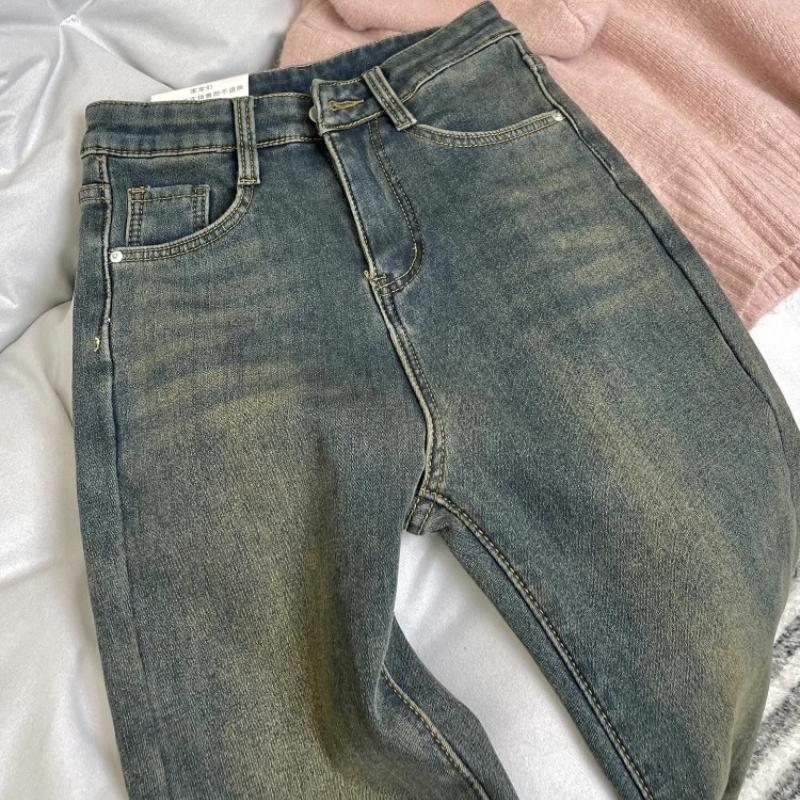 Fleece Lined Straight Leg Jeans Women Autumn Winter Plus Size High Waist Hip Wide Stretch Bootcut Horsehoof Pants