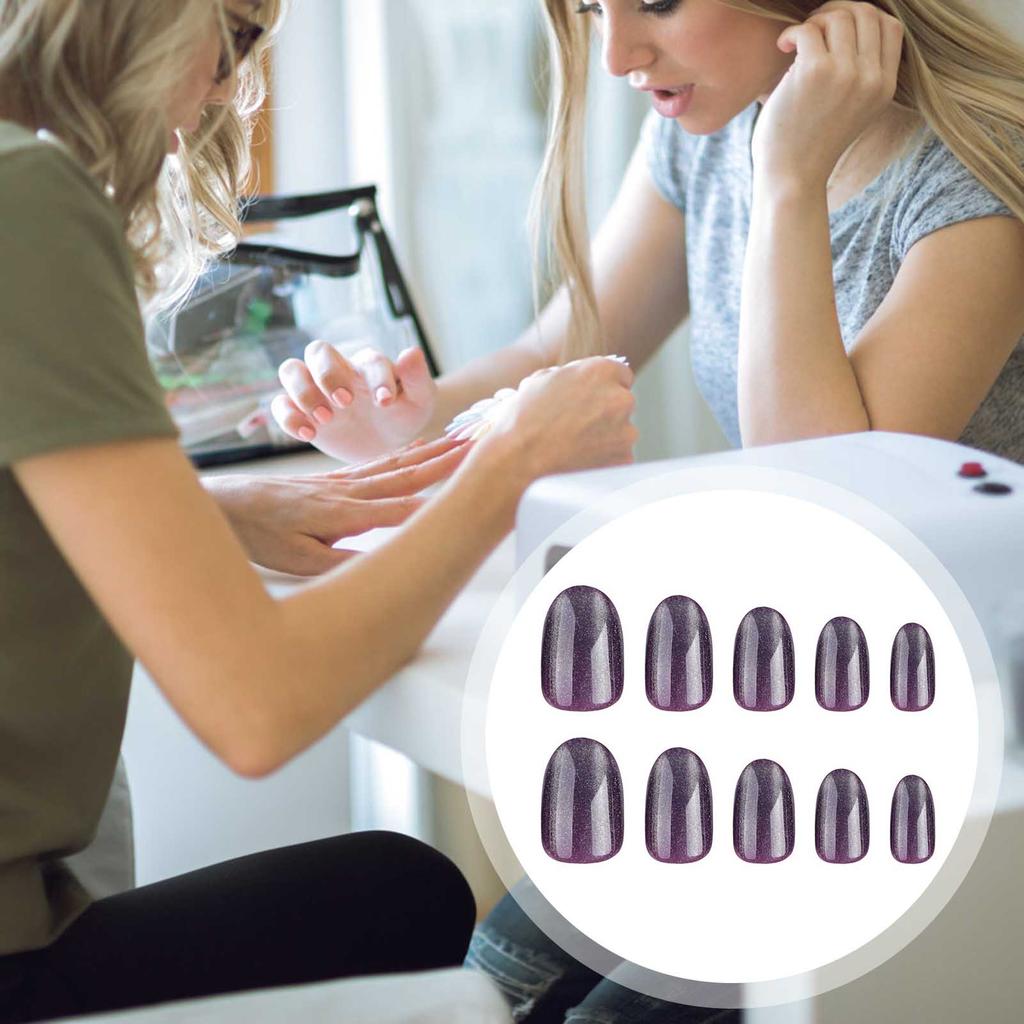 Short Fake Nails with Glitter Decor Purple Base Color with Glossy Texture Nails for Shopping Traveling Dating