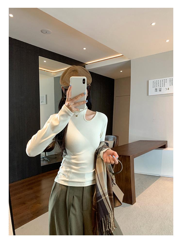 In Stock: Women's White Semi-High Neck Hollow Out Slim Fit Long Sleeve T-Shirt for Autumn/Winter 2026