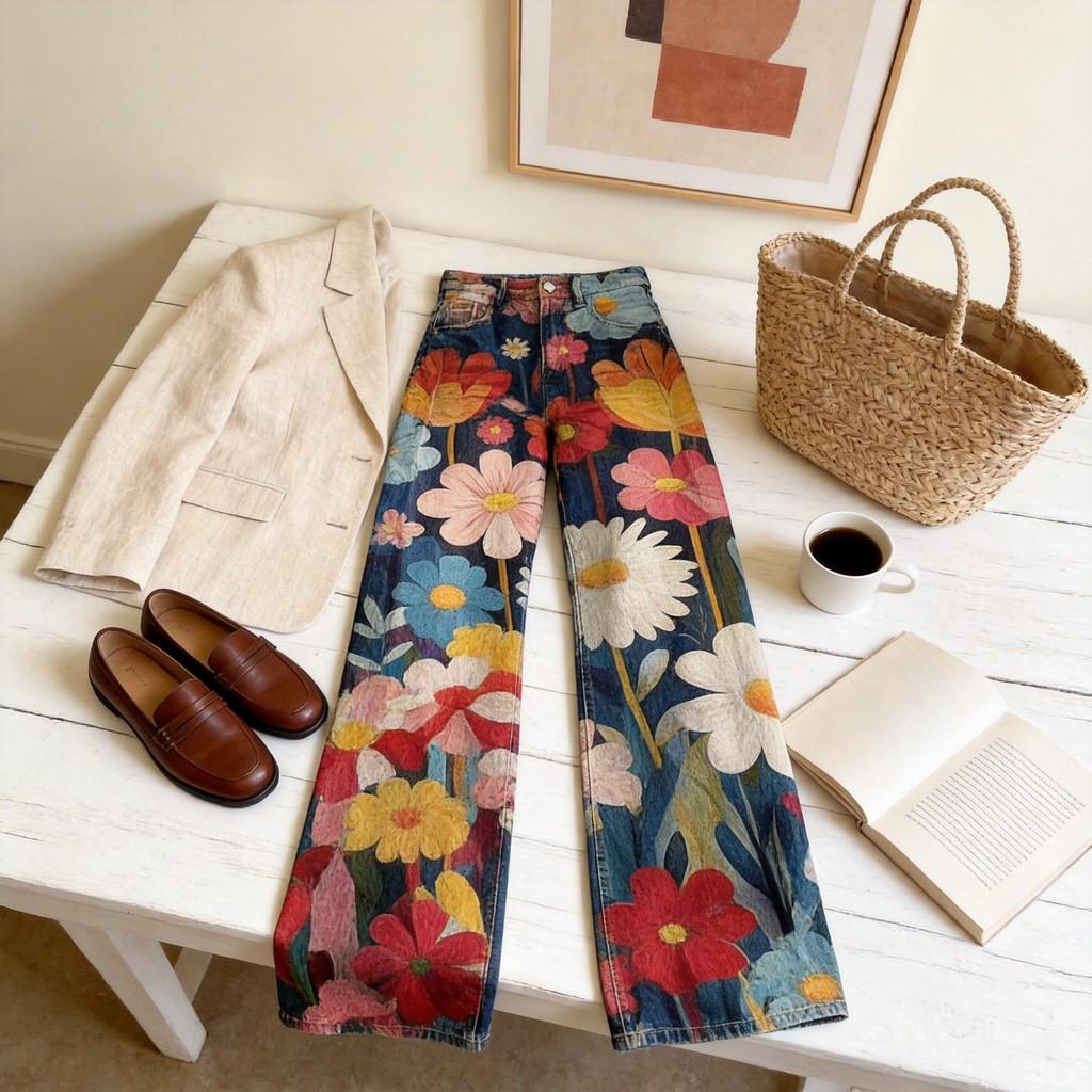 Denim Jeans With 3d Floral Print For Teen Girls Casual Wear