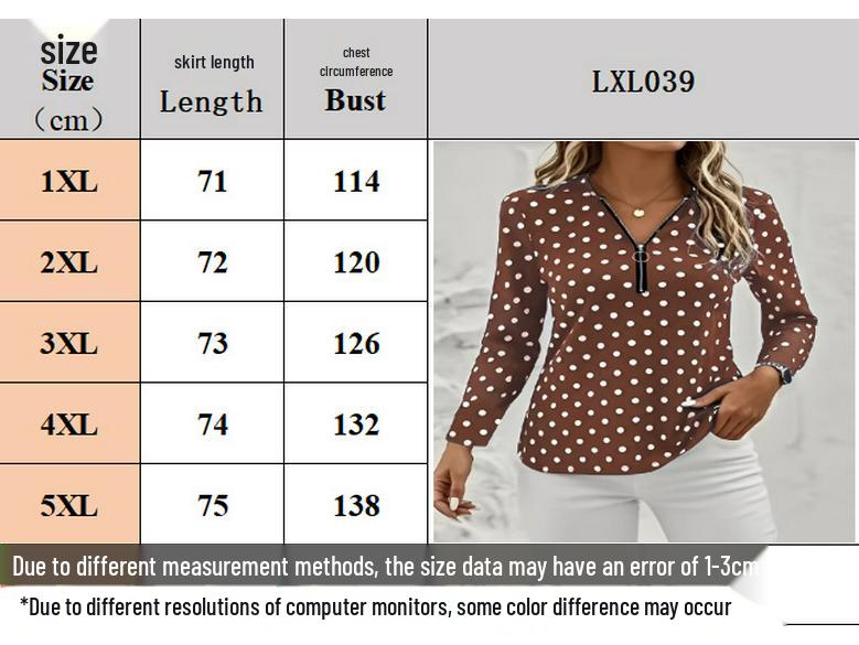2025 Plus Size Women's Polka Dot Long Sleeve V-Neck Zipper Pullover Top