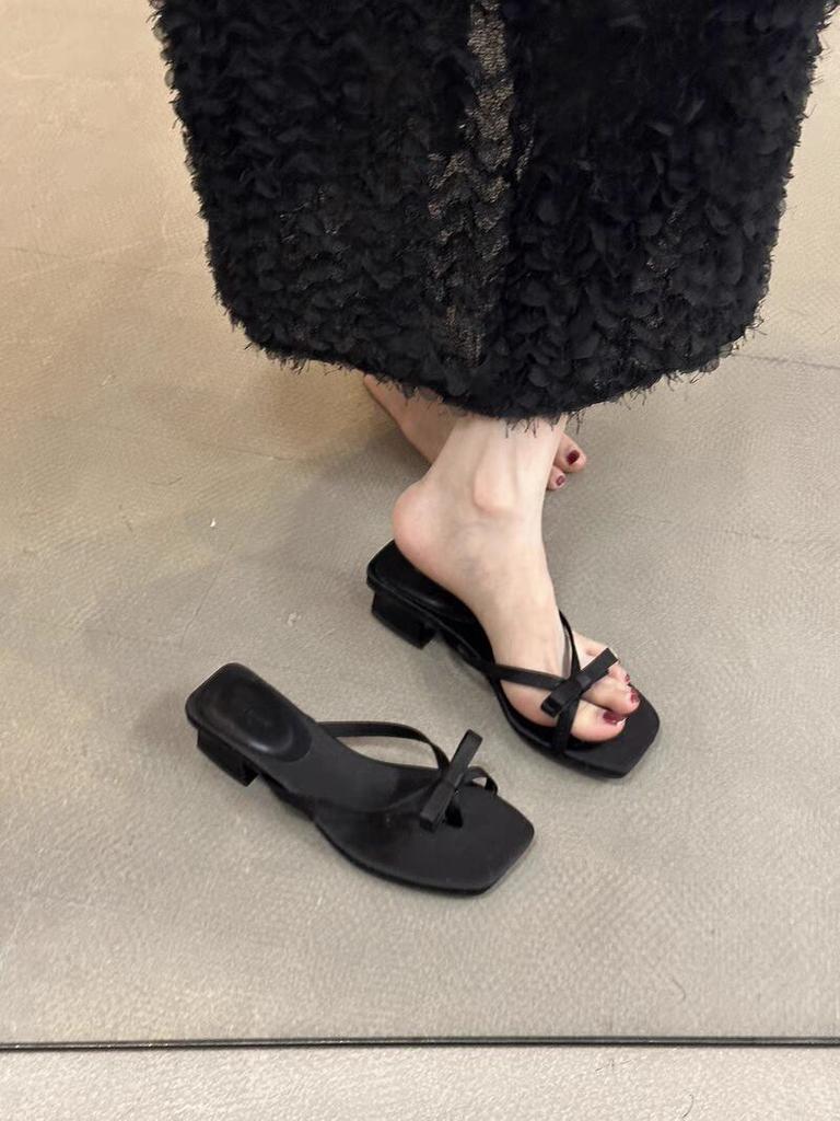 French thick heel bow slippers fairy shoes 2025 new summer beautiful small sandals toe vacation sandals