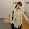Women's Ruffled Solid Color Shirt V-neck Single Breasted Bubble Sleeve Pleated Ladies Blouses French Version Loose Casual Woman Top