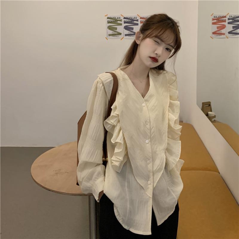 Women's Ruffled Solid Color Shirt V-neck Single Breasted Bubble Sleeve Pleated Ladies Blouses French Version Loose Casual Woman Top