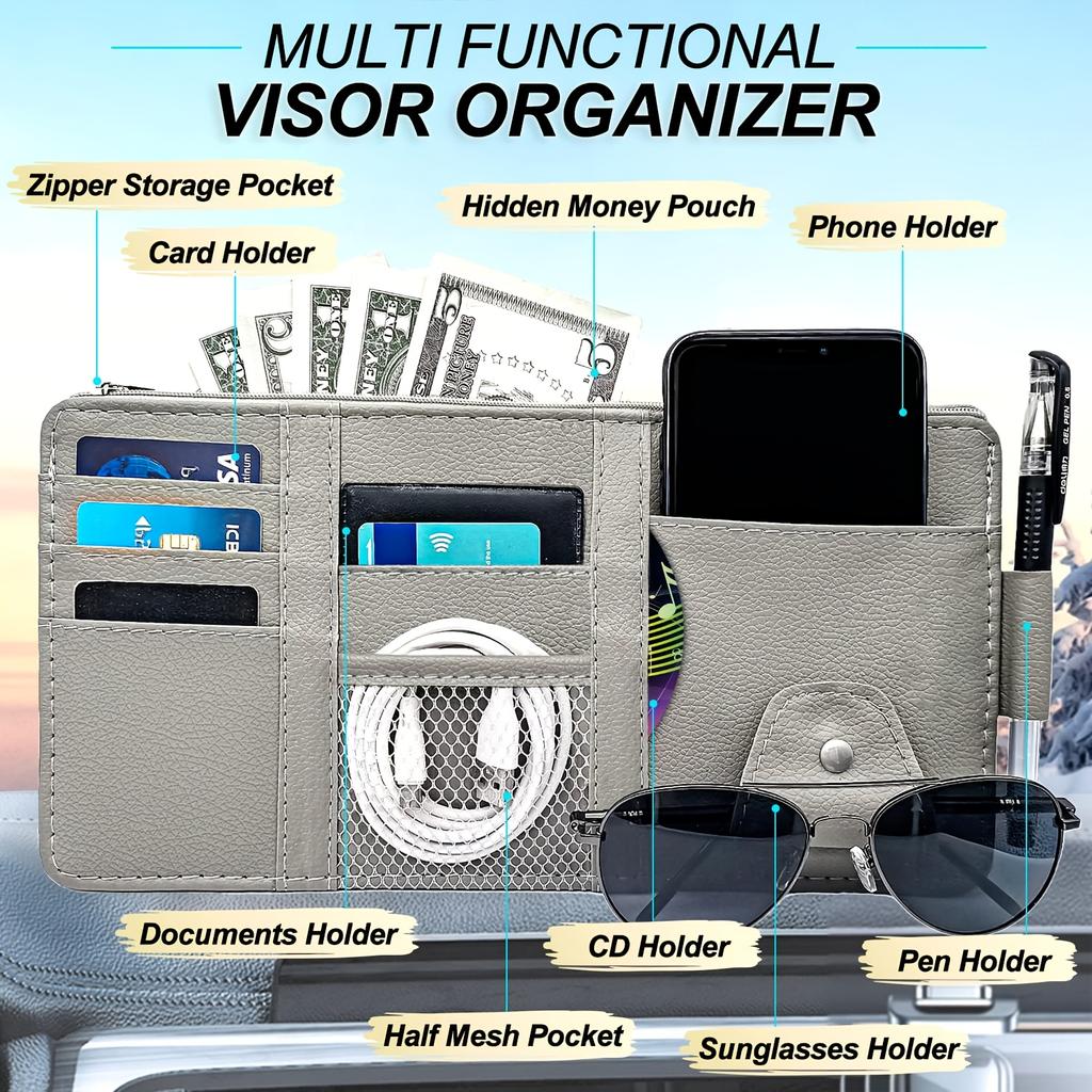 Car Sun Visor Organizer, Eyeglass Holder Multifunctional Sun Visor Storage Bag Suitable for Fashion Glasses, Cards, Car Bill Clip ID Holder