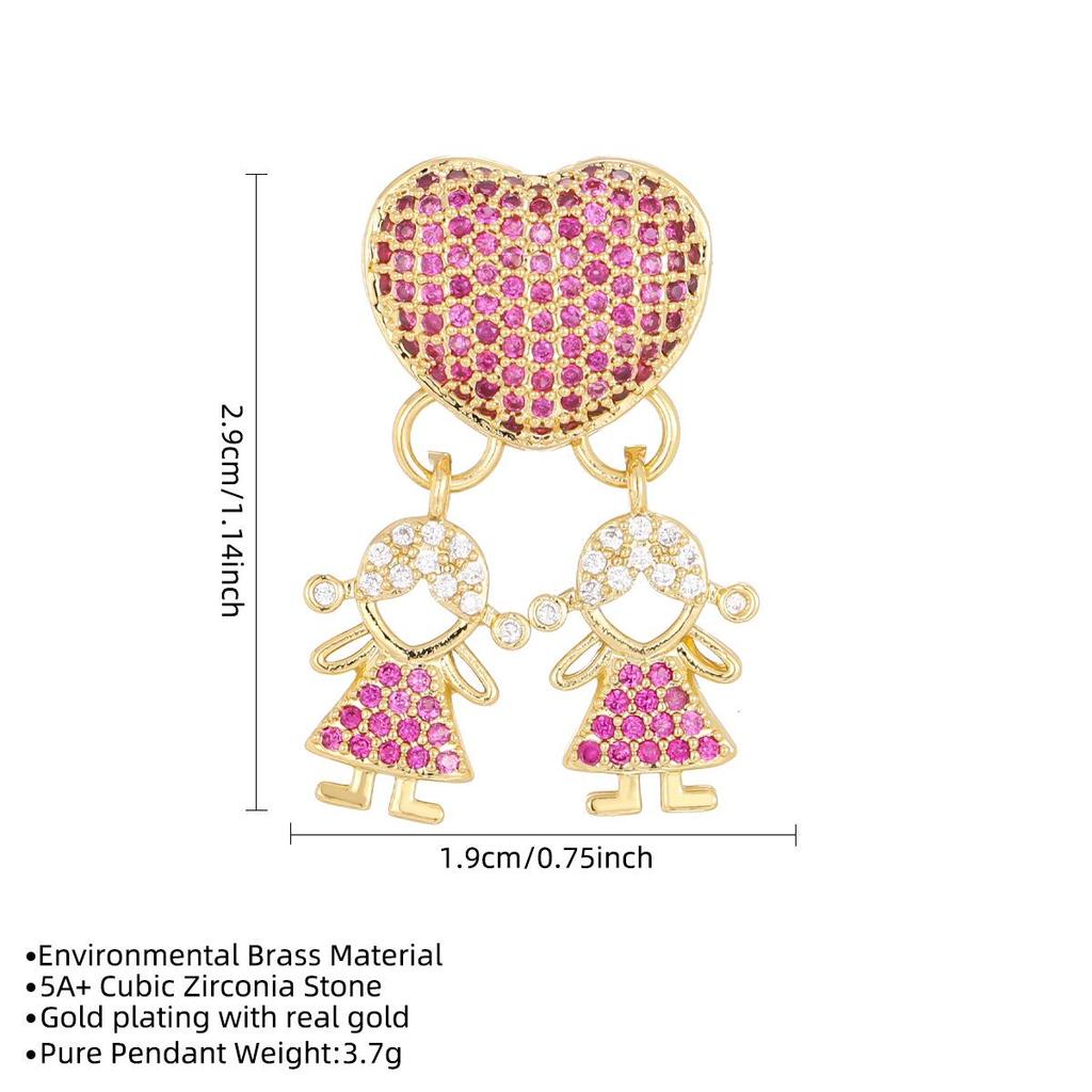 Gold-Plated Copper Heart Family Necklace with Colorful Zircon Pendant - Unisex Design