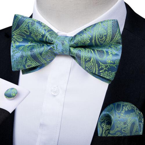 Conjunto de abotoaduras masculinas de seda azul ajustável com gravata borboleta Paisley floral Hanky