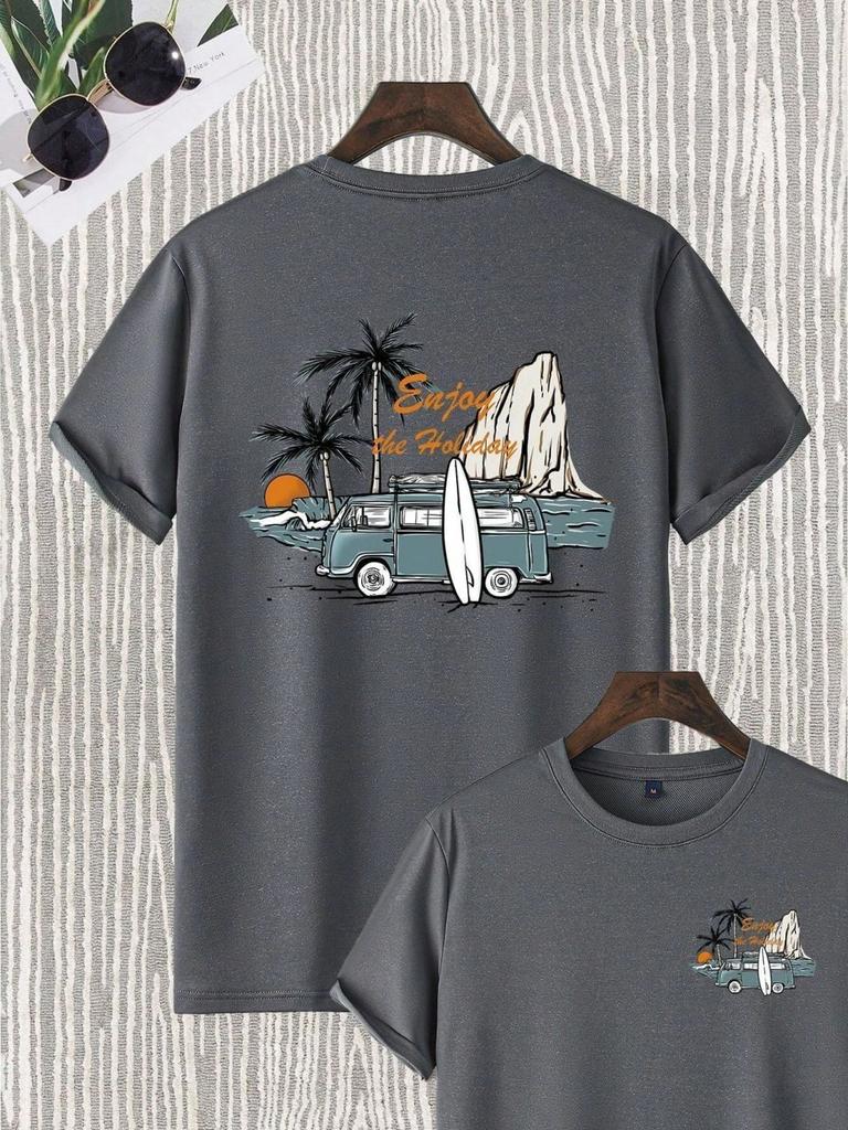 Fashionable mens summer new car and mountain print micro elastic breathable round neck Tshirt outdoor vacation casual top