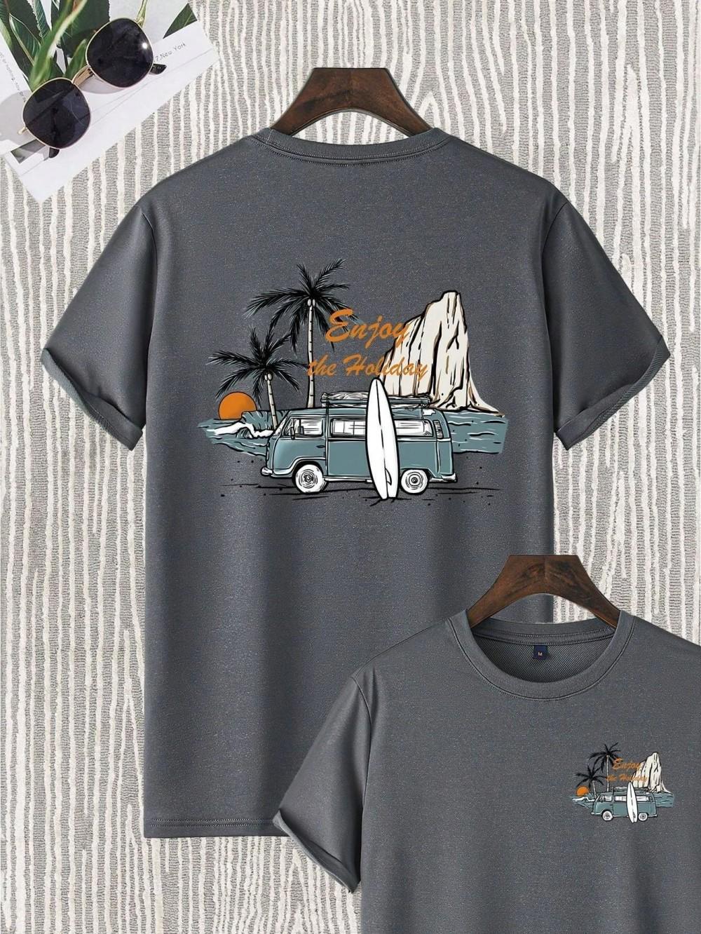 Summer mens breathable round neck Tshirt vacation landscape printed pattern outdoor highquality casual top S