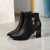 Fashion Rhinestone Metal Buckle Block Heel Single Boots Women's Fall New Pointed Toe Side Zip Non-Slip Shorthole Boots