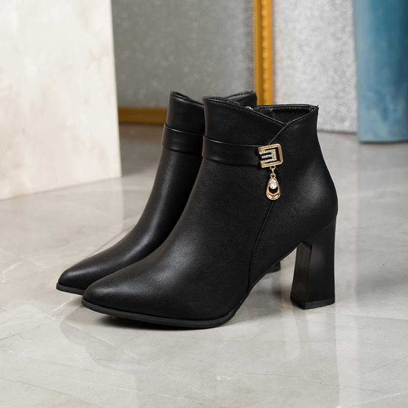Fashion Rhinestone Metal Buckle Block Heel Single Boots Women's Fall New Pointed Toe Side Zip Non-Slip Shorthole Boots