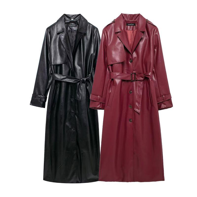 Kaslead New Arrival Women's Clothing Fashion Style Fashion Simple Lapel Loose with Belt Imitation Leather Trench Coat Outwear
