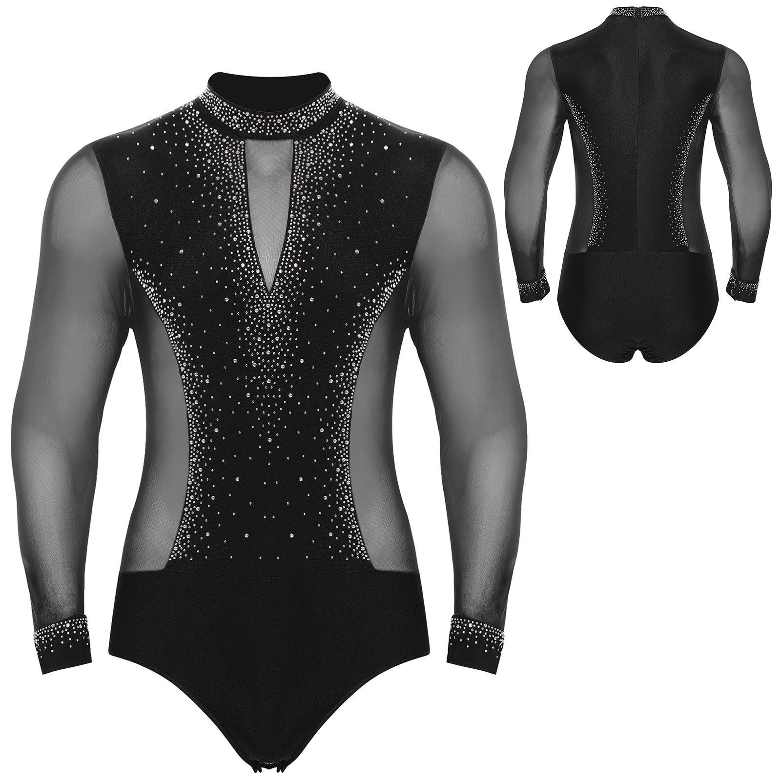 Herren Langarm Latin Tanzhemd Oberteile Glitzernder Strass-Bodysuit Eiskunstlauf-Leotard L schwarz