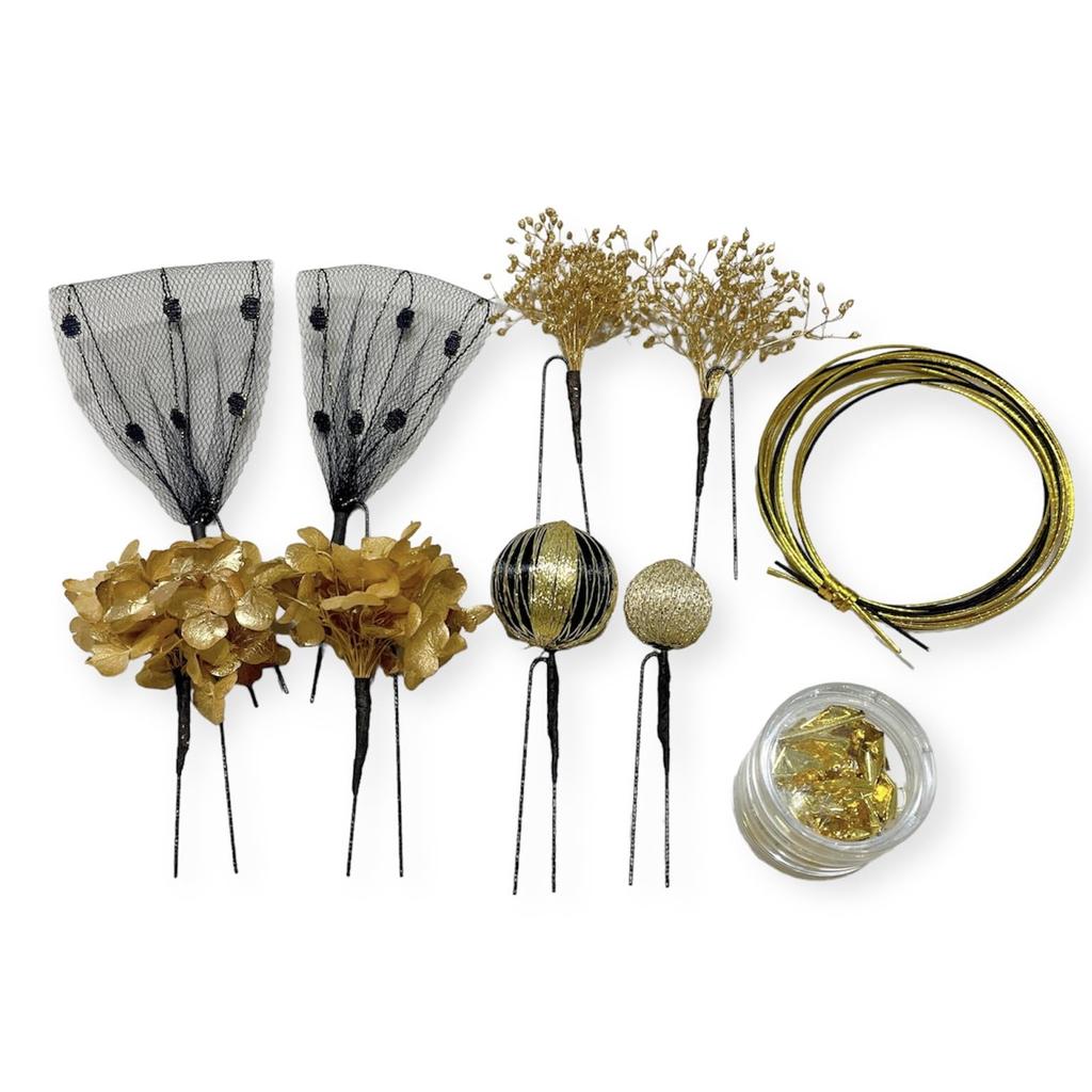 Black and Gold Hair Dried and Gold Perfect for and with Kimono and Hakama Ornament, Flowers, Baby's Breath, Leaf, Coming-of-Age Ceremonies, Weddings,