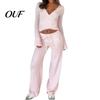 Soft Spring Autumn Clothes Women Sweatshirt Pants 2-Piece Set, V Neck Slim Fit Top & High Tops Waisted Wide Leg Trousers, Solid Color Lounge