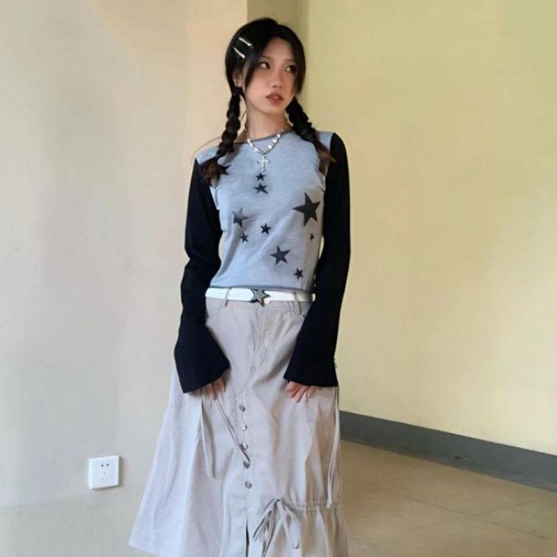 2KWEIRD Y2k Aesthetic Star Print T-shirt Long Sleeve Spring Basic Streetwear Cropped Top Slim Harajuku Contrast Color Casual Tee