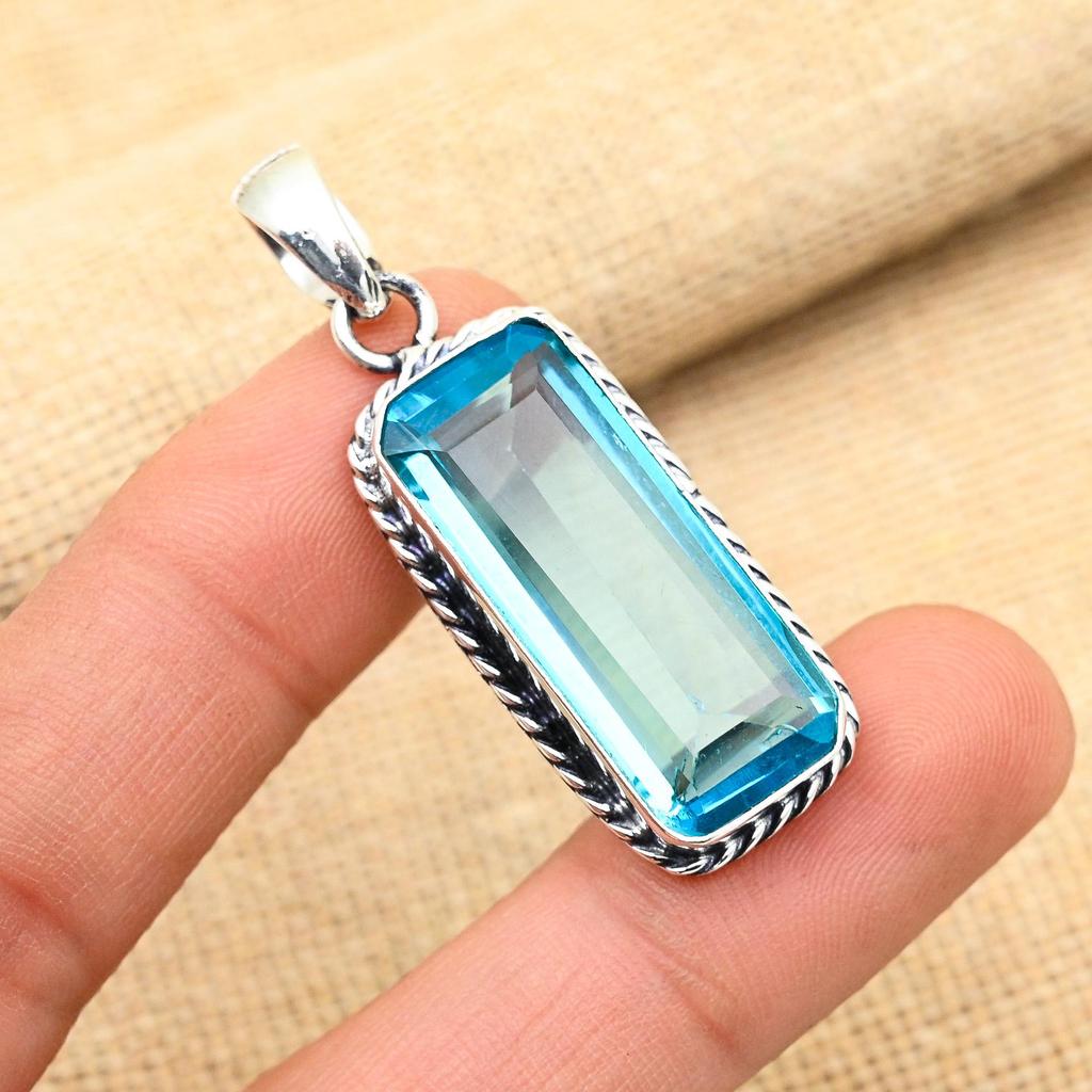 Blue Topaz Gemstone Handmade 925 Solid Sterling Silver Jewelry Pendant For women