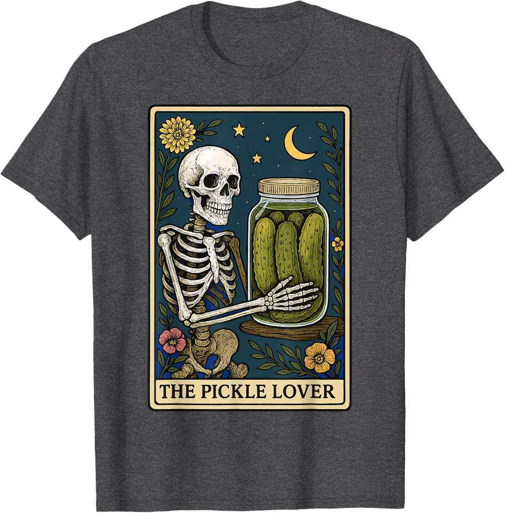 Skeleton Holding Pickle Jar Tarot Card Graphic Print Cotton Casual T-Shirt for Men Trip