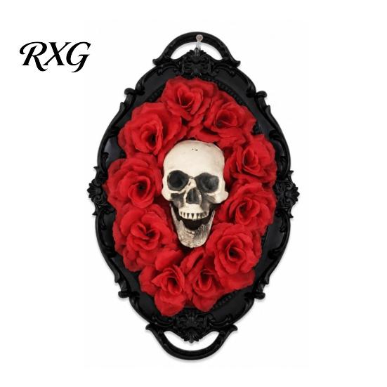 Spider Web Skull Ornament Halloween Gothic Wall Decoration, Vintage Red Rose Frame Sculpture, Decorative Horror Art for Holiday Party Decor