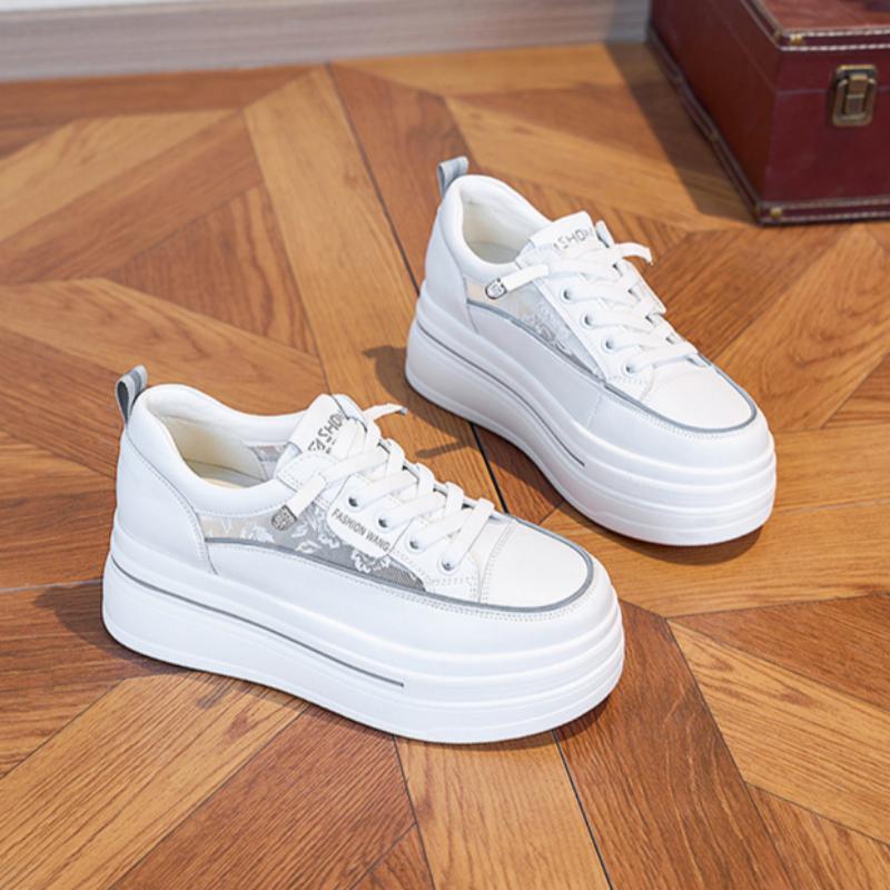 Białe buty na grubej podeszwie dla kobiet, Wiosenne sportowe buty codzienne, Uniwersalne płaskie buty podwyższające dla kobiet