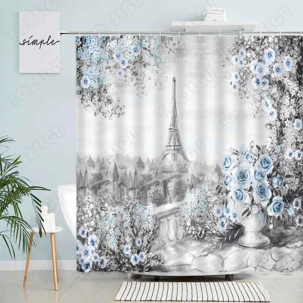 Vintage Paris City Scenery Shower Curtain Tower Pink Rose Flower Painting Spring Bathroom Decor Waterproof Screen With Hooks