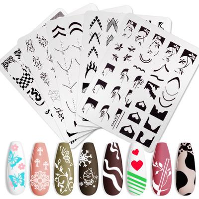 French Manicure Stamping Plate with Flower, Smiley Face, Grid, and Irregular Designs
