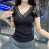 Summer Slim and Thin Temperament Versatile Short-sleeved T-shirt Women's Fashion Lace V-neck Lace Splicing Pure Desire Style Top Tide