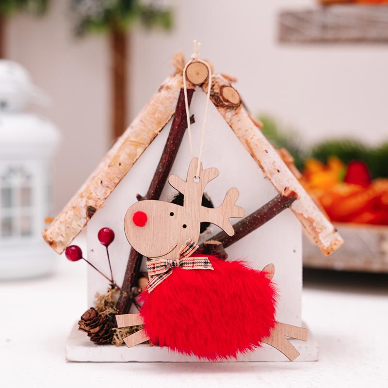 1PC Cute Christmas Tree Decor Xmas New Year Xmas Party Decor Wooden Plush Deer Pendant