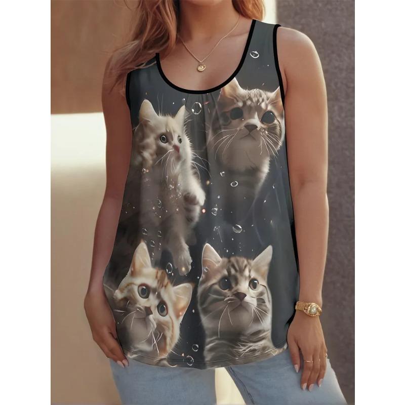 Women's Sleeveless Vest Creative Color Pattern Cat Printing Comfortable Soft Fashionable Versatile Summer Vest