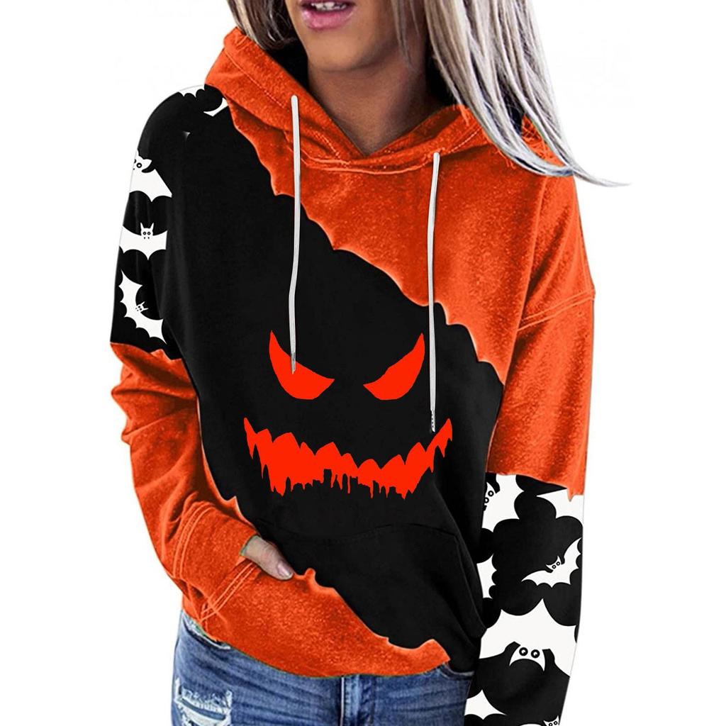 Women's Casual Fashion Halloween Print Long Sleeve Pullover Hooded Top