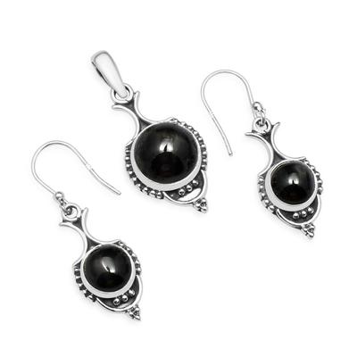 Natürlicher Schwarzer Onyx Edelstein Anhänger Ohrringe Schmuckset, 925 Sterling Silber, Baumelnde Tropfen Ohrringe, handgefertigtes Schmuckset, Geschenk zu Ostern