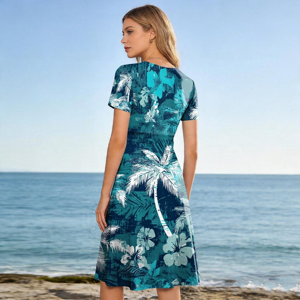 Women’s Short Sleeve V Neck Midi Dress with Tree Print and Striped Pattern Casual Fit for Summer