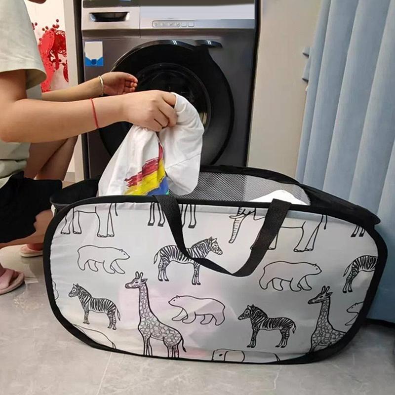 1Pc Cartoon Foldable Laundry Basket Large Capacity Organizer Basket For Household Dirty Clothes Nylon Mesh Bag For Toy Storage