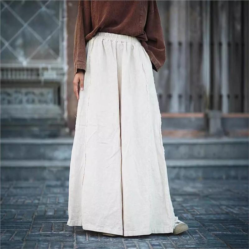 Johnature Women Vintage Solid Color Wide Leg Pants Elastic Waist Patchwork Trousers Spring Chinese Style Long Pants